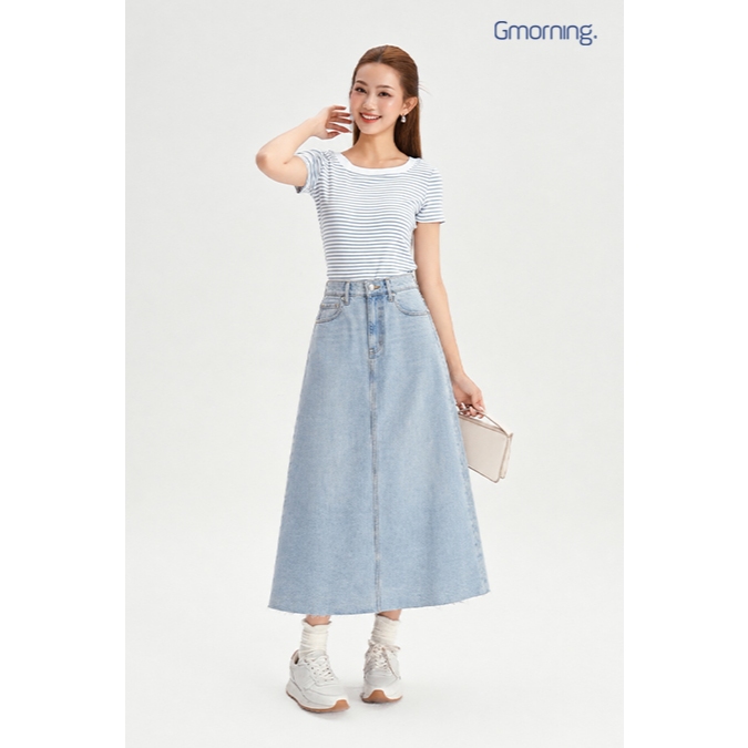 Chân Váy Jeans Dài Nữ GUMAC Form A Xòe Wash Xanh Nhạt Cạp Cao Lai Cắt Casual Dễ Phối Đồ YVJG03036