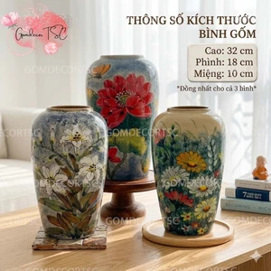 Bình Hoa Gốm Sứ Bát Tràng Dáng Thạp Cao 32cm Vẽ Hoa Thủ Công Decor Trang Trí Quà Tặng GomdecorTSC