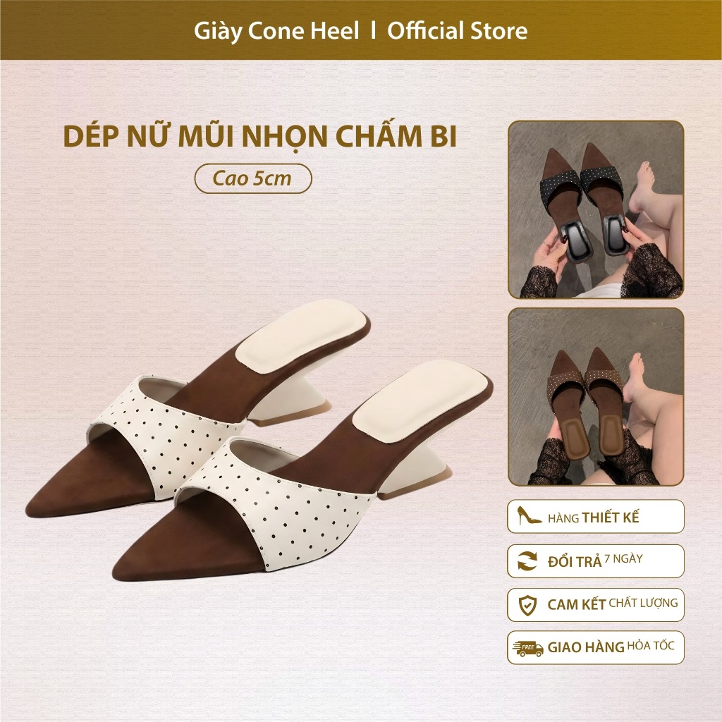 Dép Nữ Mũi Nhọn Quai Chấm Bi Đế Xuồng 5 Phân Kiểu Mới – Dép Cao Gót Êm Chân Tôn Dáng Phong Cách Hàn Quốc Siêu Hot