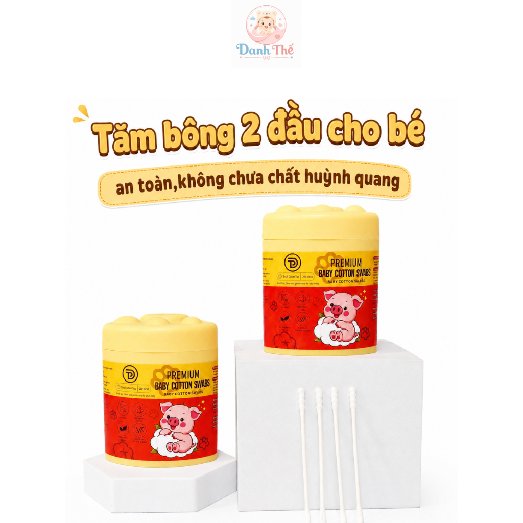 Tăm Bông Lợn Hồng TDP Cao Cấp Cho Bé, Mềm Mịn, Thân Giấy Linh Hoạt,100% Bông Thiên Nhiên - 200 Cái/Hộp