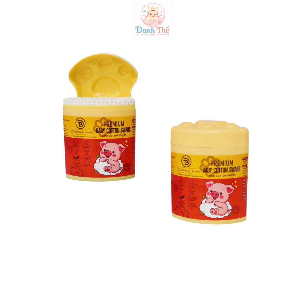 Tăm Bông Lợn Hồng TDP Cao Cấp Cho Bé, Mềm Mịn, Thân Giấy Linh Hoạt,100% Bông Thiên Nhiên - 200 Cái/Hộp