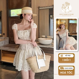 Váy babydoll ren hoa tay phồng cổ vuông, đầm ngắn dáng xòe phong cách tiểu thư nhẹ nhàng mặc tôn dáng đi biển đi chơi