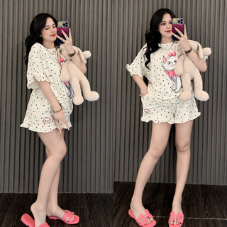 Set Quần Áo Nữ Chấm Bi Lilicat In Hình Mèo Chất Cotton Viền Bèo Form Rộng Phong Cách Hàn Quốc