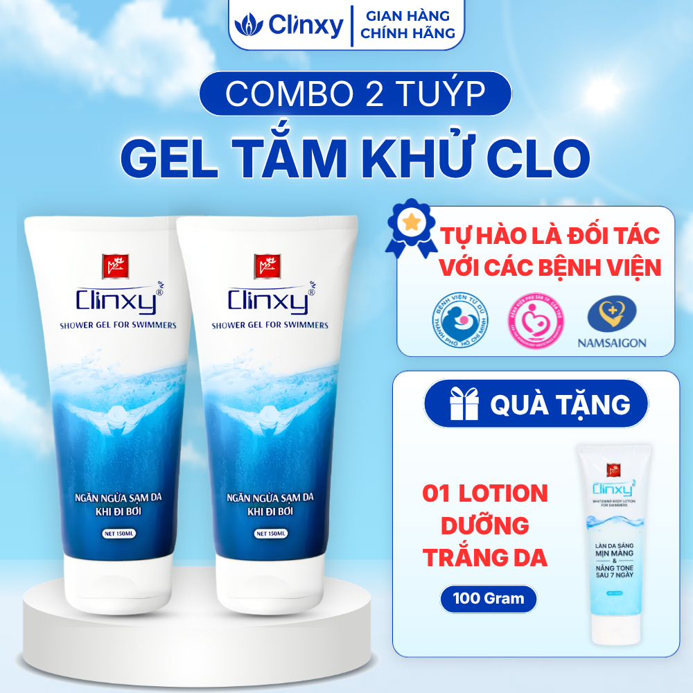 [TẶNG 1 BODY LOTION 275K] Combo 2 Sữa Tắm Khử Clo Clinxy Dành Cho Người Đi Bơi, Gel Tắm Làm Sạch Da Sau Bơi 150mlx2
