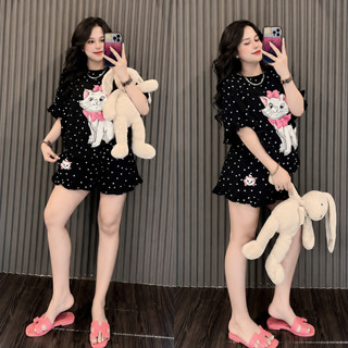 Set Quần Áo Nữ Chấm Bi Lilicat In Hình Mèo Chất Cotton Viền Bèo Form Rộng Phong Cách Hàn Quốc