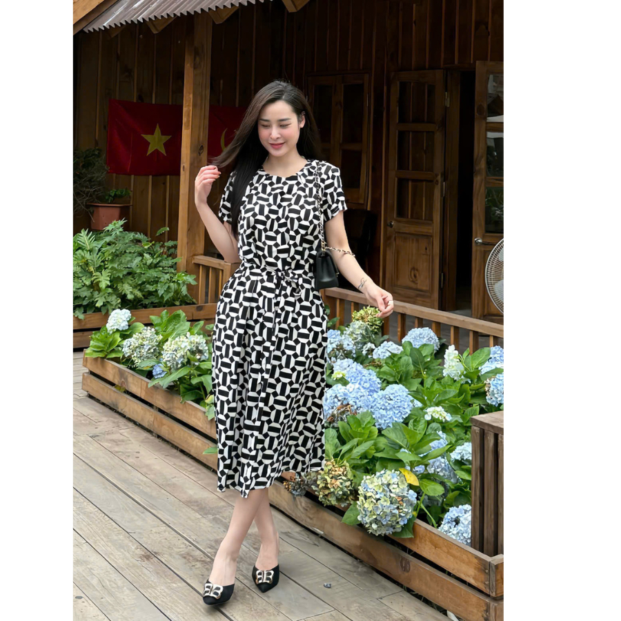Váy Dài Họa Tiết, Chất liệu lụa Mango, Có Đai Thắt Eo Sang Trọng, Tôn Dáng, đầm cho mẹ, đầm du lịch mùa hè, đầm lụa