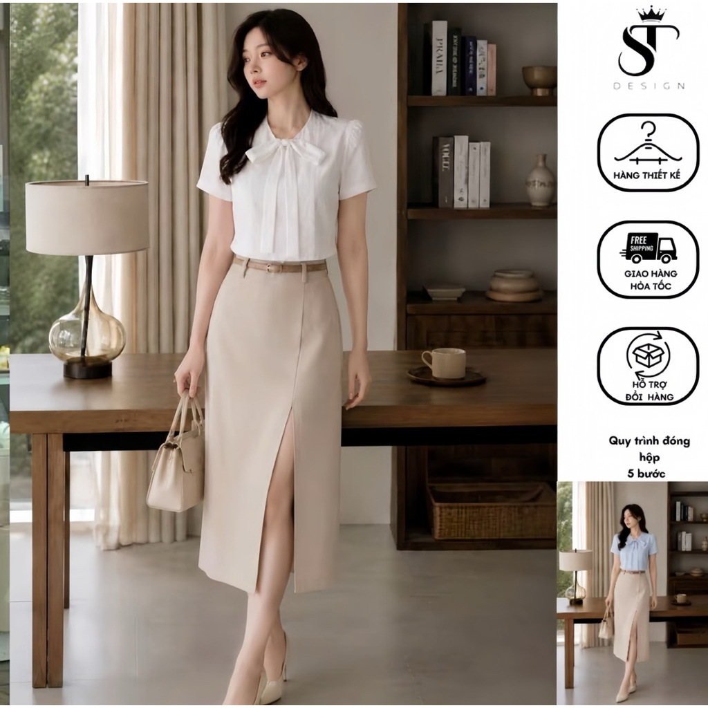 Áo sơ mi nữ cộc tay kiểu dáng công sở Hàn Quốc thiết kế cổ nơ xinh xắn ST Design - k85