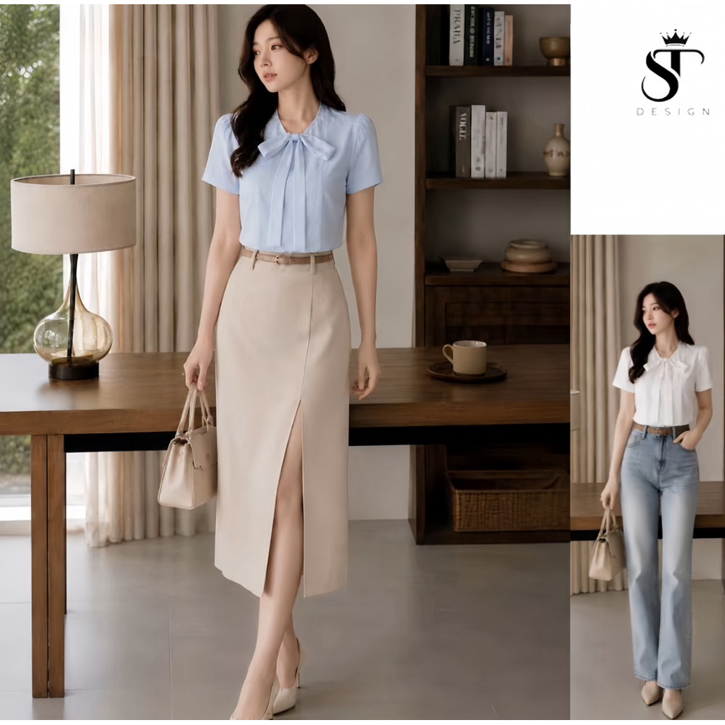 Áo sơ mi nữ cộc tay kiểu dáng công sở Hàn Quốc thiết kế cổ nơ xinh xắn ST Design - k85
