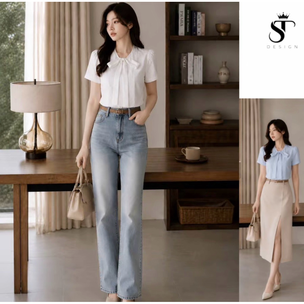 Áo sơ mi nữ cộc tay kiểu dáng công sở Hàn Quốc thiết kế cổ nơ xinh xắn ST Design - k85