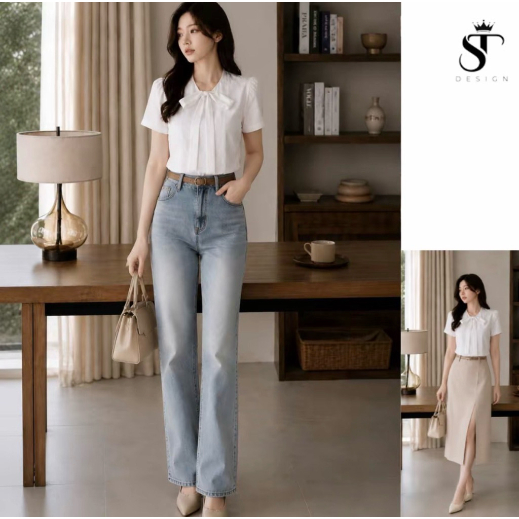 Áo sơ mi nữ cộc tay kiểu dáng công sở Hàn Quốc thiết kế cổ nơ xinh xắn ST Design - k85