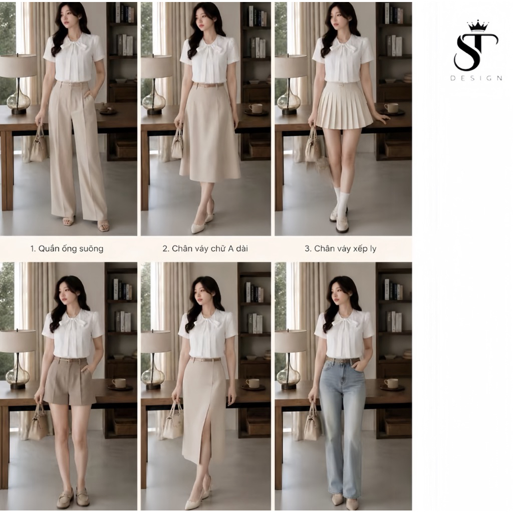 Áo sơ mi nữ cộc tay kiểu dáng công sở Hàn Quốc thiết kế cổ nơ xinh xắn ST Design - k85