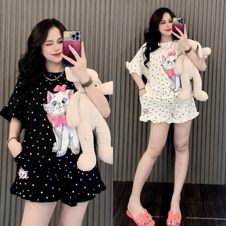 Set Quần Áo Nữ Chấm Bi Lilicat In Hình Mèo Chất Cotton Viền Bèo Form Rộng Phong Cách Hàn Quốc