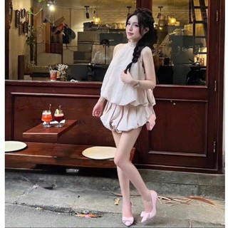 Set cổ yếm hở lưng Loại 1 thiết kế gồm áo dáng bí mix chân váy bí ngắn tiểu thư vintage siêu xinh, Set đồ nữ đi biển