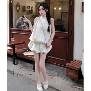 Set cổ yếm hở lưng Loại 1 thiết kế gồm áo dáng bí mix chân váy bí ngắn tiểu thư vintage siêu xinh, Set đồ nữ đi biển