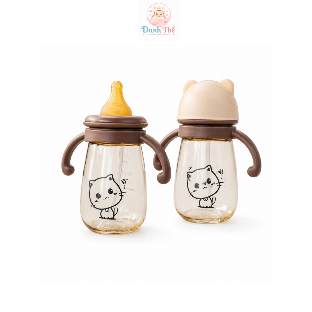 Bình Mèo,Bình Sữa,Bình Tập Hút Nước Cho Bé Có Lắc Chống Sặc An Toàn 0-3 Tuổi