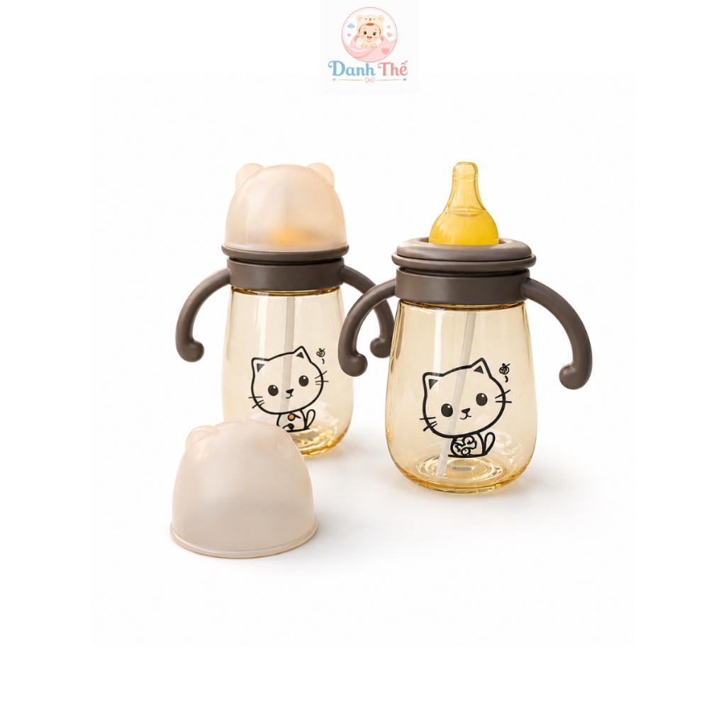 Bình Mèo,Bình Sữa,Bình Tập Hút Nước Cho Bé Có Lắc Chống Sặc An Toàn 0-3 Tuổi