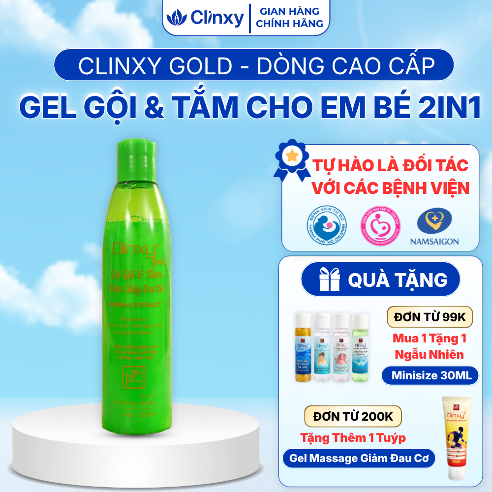 Sữa Tắm Cho Bé Clinxy Gold, Gel Tắm Cho Da Nhạy Cảm Giúp Ngừa Rôm Sảy, Hỗ Trợ Làm Dịu Da bé (250ml)