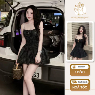 Váy chấm bi 2 dây màu đen dáng xòe khoét ngực có lót mút có dây buộc, đầm ngắn tiểu thư tôn dáng trẻ trung mặc đi chơi