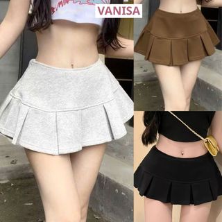 Chân váy nỉ ngắn xếp ly xoè y2k sexy lưng cao đen trắng xám nâu hàn quốc VANISA CT480