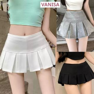 Chân váy xếp ly ngắn y2k có quần bảo hộ cạp cao đen trắng xám nâu VANISA CT480