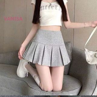 Chân váy xếp ly ngắn y2k có quần bảo hộ cạp cao đen trắng xám nâu VANISA CT480
