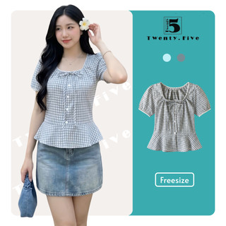 Áo Babydoll Twentyfive Kẻ Caro, Thiết Kế Cổ Vuông, Tay Bồng, Chiết Eo Tôn Dáng Phong Cách Tiểu Thư Dễ Thương 7211