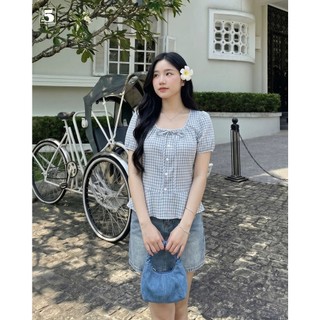 Áo Babydoll Twentyfive Kẻ Caro, Thiết Kế Cổ Vuông, Tay Bồng, Chiết Eo Tôn Dáng Phong Cách Tiểu Thư Dễ Thương 7211