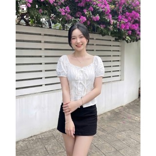 Áo babydoll tay bo chun dáng ngắn, áo kiểu nữ bo chun sau phối thắt nơ xinh xắn Twenty.5- 6807