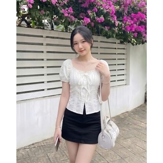 Áo babydoll tay bo chun dáng ngắn, áo kiểu nữ bo chun sau phối thắt nơ xinh xắn Twenty.5- 6807