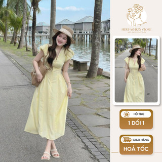 Váy maxi nữ tone màu vàng pastel thiết kế cổ V tay bèo, đầm dáng dài chiết eo mặc tôn dáng style tiểu thư mặc đi chơi