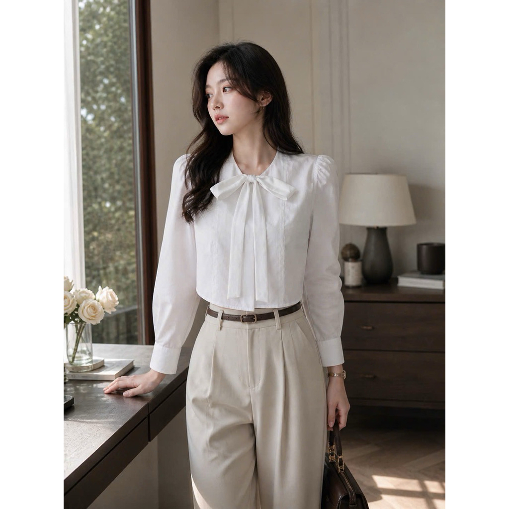 Áo sơ mi nữ dáng ngắn tay dài phối cổ nơ sang trọng, thanh lịch phù hợp đi học, đi làm - ST Design - k80