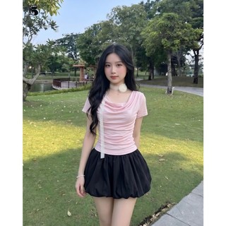 Áo Thun Nữ Twentyfive Tay Ngắn Nhún Eo, Form Ôm Tôn Dáng, Co Giãn Mềm Mịn, Kiểu Hàn Quốc Thanh Lịch Trẻ Trung 7154