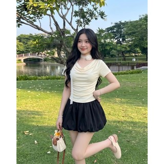 Áo Thun Nữ Twentyfive Tay Ngắn Nhún Eo, Form Ôm Tôn Dáng, Co Giãn Mềm Mịn, Kiểu Hàn Quốc Thanh Lịch Trẻ Trung 7154