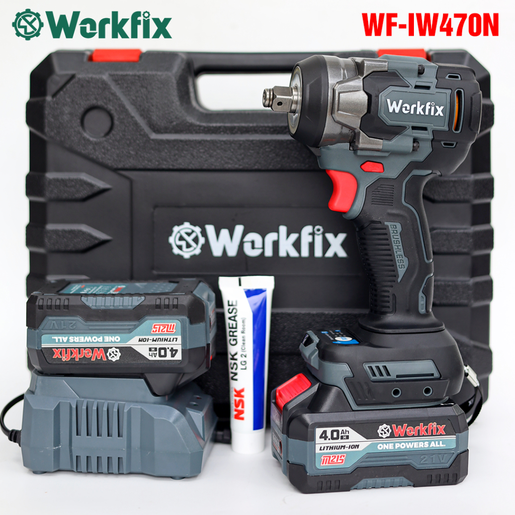 Kèm Bộ Phụ Kiện 25 Chi Tiết - Máy Siết Bulong Dùng Pin Workfix WF-IW470N Chân Pin Phổ Thông , Lực Siết 470Nm Siêu Khoẻ