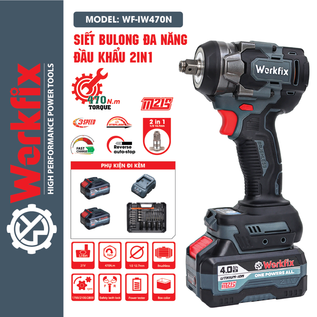 Kèm Bộ Phụ Kiện 25 Chi Tiết - Máy Siết Bulong Dùng Pin Workfix WF-IW470N Chân Pin Phổ Thông , Lực Siết 470Nm Siêu Khoẻ