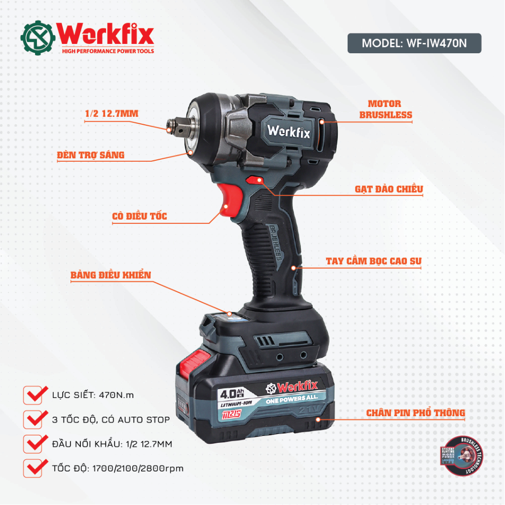 Kèm Bộ Phụ Kiện 25 Chi Tiết - Máy Siết Bulong Dùng Pin Workfix WF-IW470N Chân Pin Phổ Thông , Lực Siết 470Nm Siêu Khoẻ