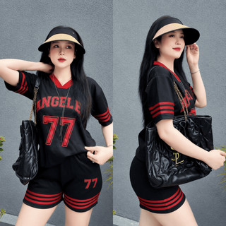 Set Quần Áo Nữ Số 77 Cổ Chữ V Phối Sọc Form Rộng Áo Cotton Quần Short Hack Dáng Phong Cách Hàn Quốc
