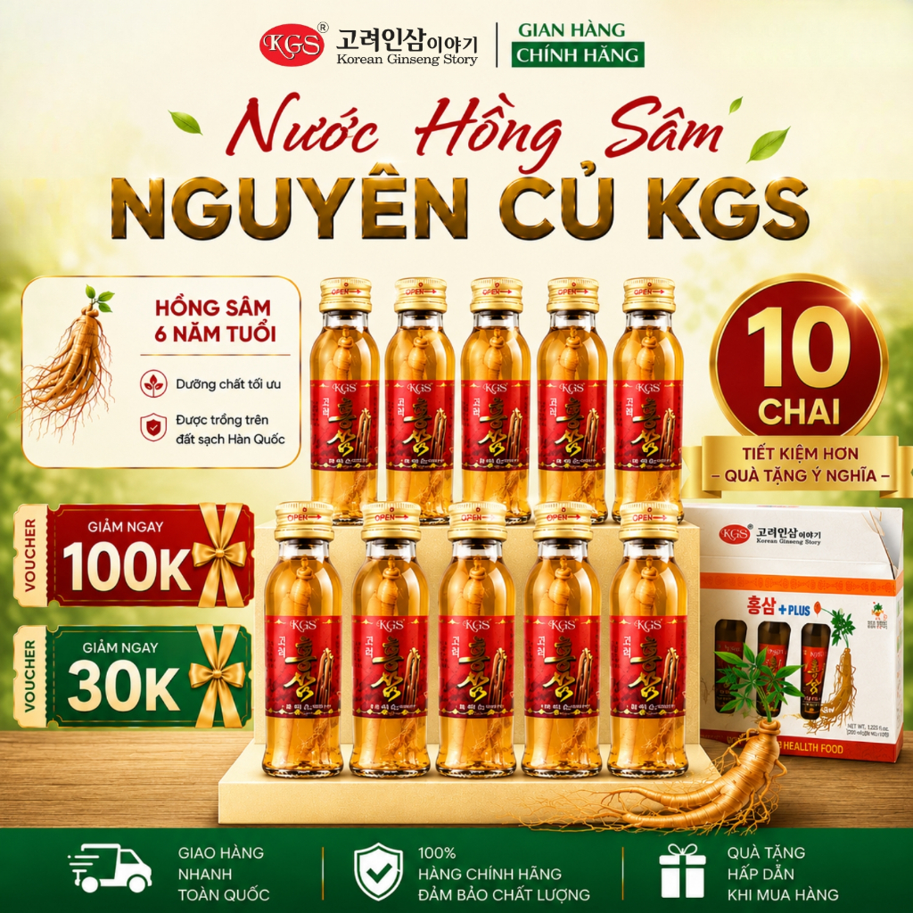 KGS nước hồng sâm Hàn Quốc có củ 120ml - hồng sâm nguyên củ cao cấp chính hãng Combo 10 Chai