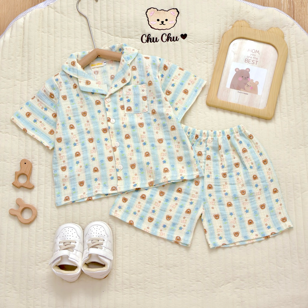 Đồ ngủ trẻ em 8-24kg | Bộ Pijama ngắn tay vải Xô Muslin thoáng mát, thấm hút mồ hôi