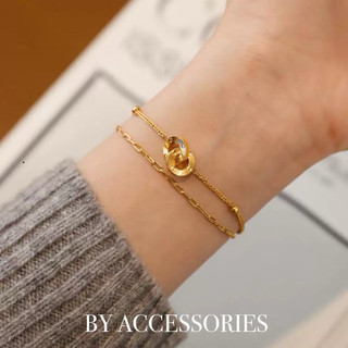 Lắc tay nữ titan xích kép phối 2 mặt tròn lồng nhau mạ vàng 18K vintage không gỉ WB2418 BY ACCESSORIES