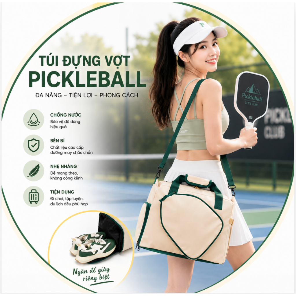 Túi Đựng Vợt Pickleball Cao Cấp Chống Nước  Túi Thể Thao Đa Năng Có Ngăn Giày Riêng, Đeo Vai A4