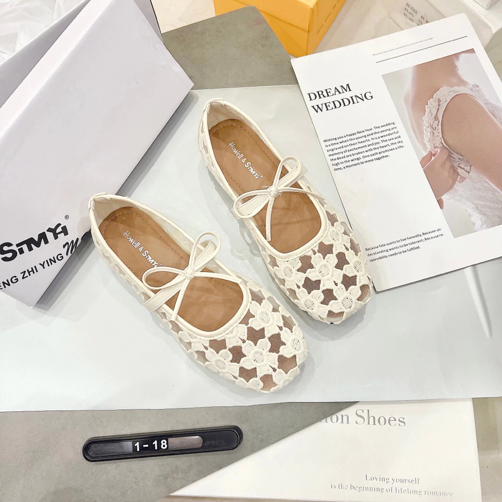 Giày Búp Bê Nữ Lưới Ren Hoa ROSES Phối Dây Buộc Phong Cách Balletcore Hàn Quốc Đế Bệt Êm Chân | Tiệm giày Quỳnh Anh