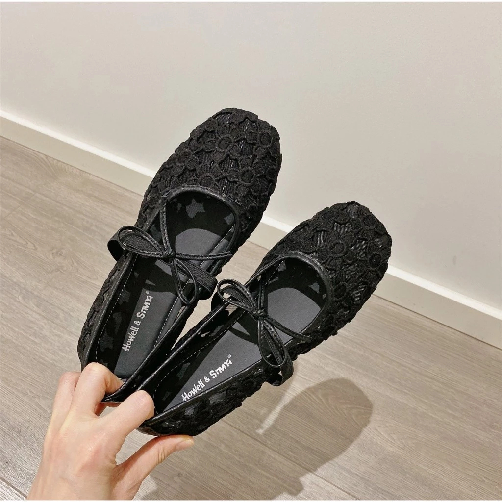 Giày Búp Bê Nữ Lưới Ren Hoa ROSES Phối Dây Buộc Phong Cách Balletcore Hàn Quốc Đế Bệt Êm Chân | Tiệm giày Quỳnh Anh