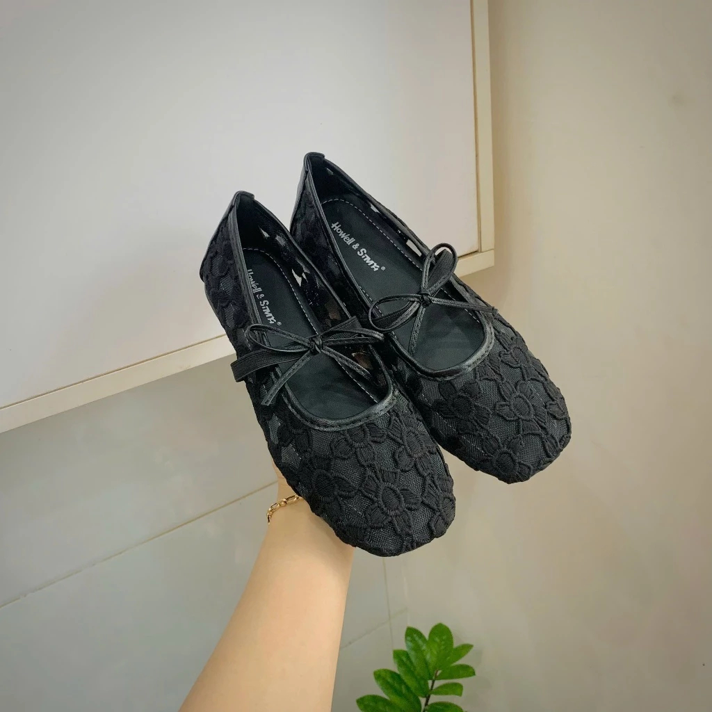 Giày Búp Bê Nữ Lưới Ren Hoa ROSES Phối Dây Buộc Phong Cách Balletcore Hàn Quốc Đế Bệt Êm Chân | Tiệm giày Quỳnh Anh