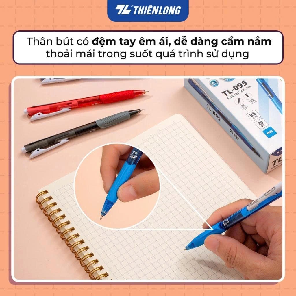 Bút bi Thiên Long TL-095 mực xanh/đỏ/đen ngòi 0.5mm kiểu dáng hiện đại cầm tay thoải mái