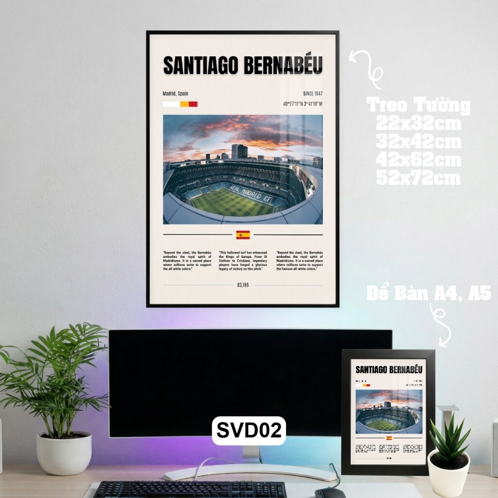 Khung Tranh Để Bàn Và Treo Tường Poster Sân Vận Động Bóng Đá Nghệ Thuật Tráng Gương Khung Composite Decor trang trí