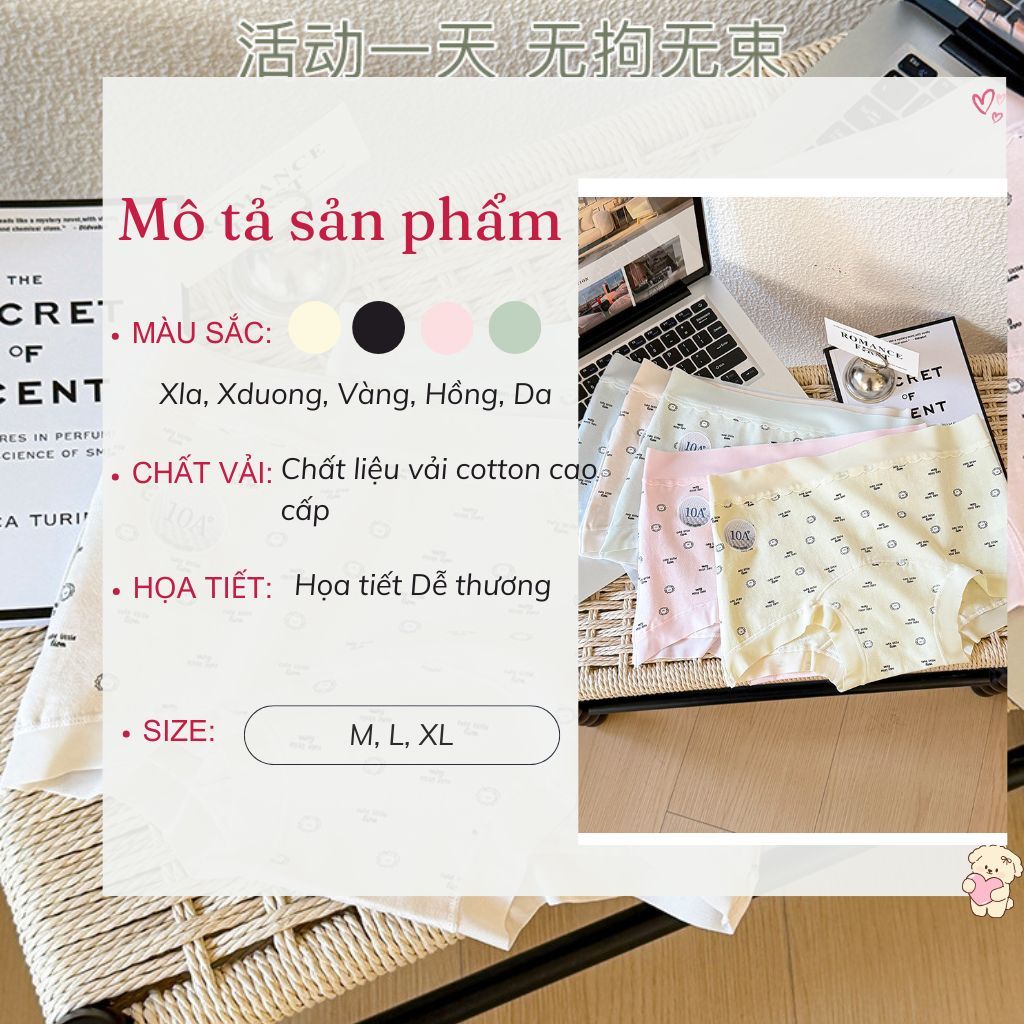Quần lót nữ dáng đùi chất liệu cotton kháng khuẩn, Quần boxer họa tiết cute dễ thương LANIXA L6005