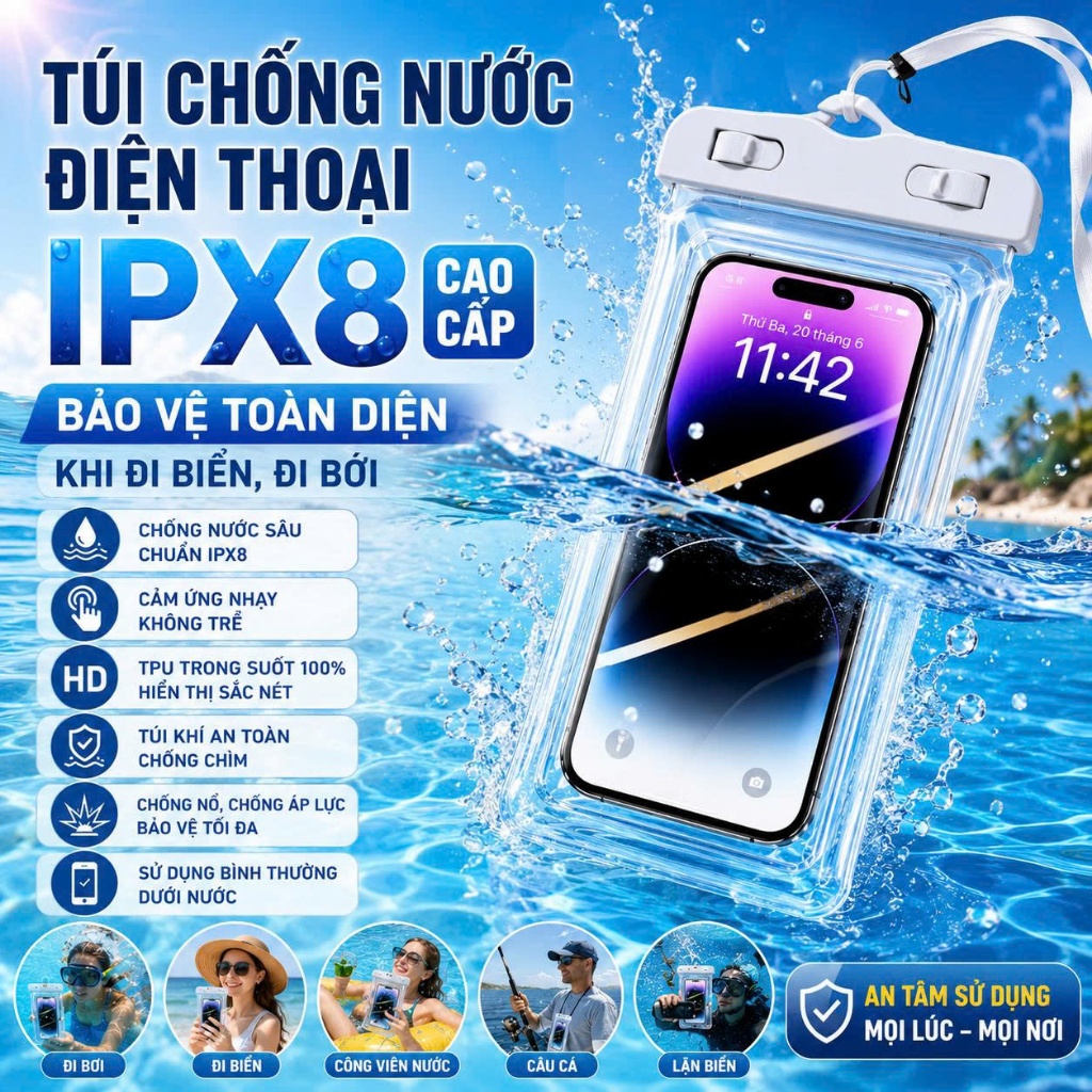 TÚI CHỐNG NƯỚC ĐIỆN THOẠI IPX8 CAO CẤP – BẢO VỆ TOÀN DIỆN KHI ĐI BIỂN, ĐI BƠI