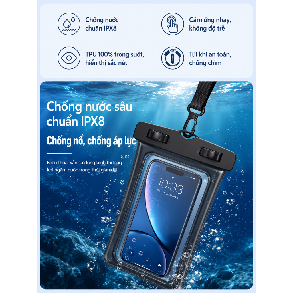 TÚI CHỐNG NƯỚC ĐIỆN THOẠI IPX8 CAO CẤP – BẢO VỆ TOÀN DIỆN KHI ĐI BIỂN, ĐI BƠI