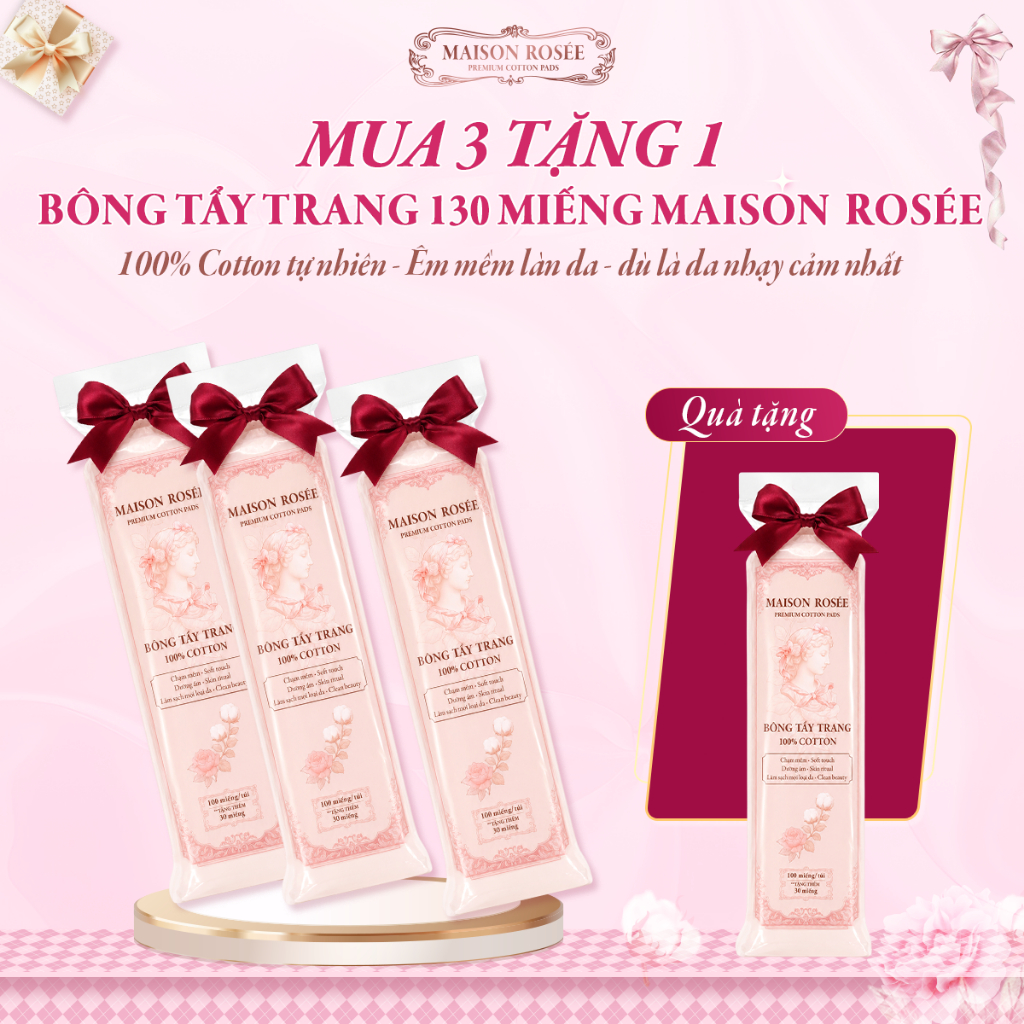 Qùa Tặng - Bông tẩy trang cotton cao cấp Maison Rosée 130 miếng vuông mềm nhẹ dịu dàng